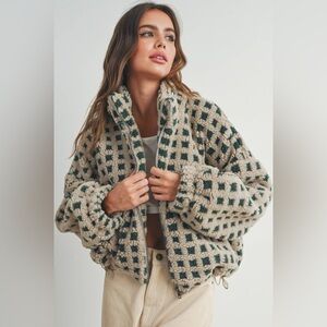 Checked Sherpa Teddy Jacket in Beige and Forest Green
